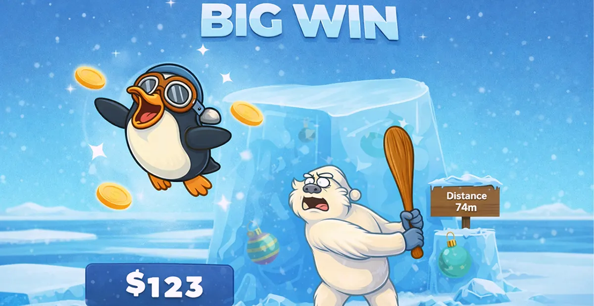 Cartoon “Big Win” screen set in an icy landscape, showing a happy penguin with aviator goggles and flying coins, a startled yeti holding a wooden club, a sign reading “Distance 74m,” and a win amount of $123 at the bottom.