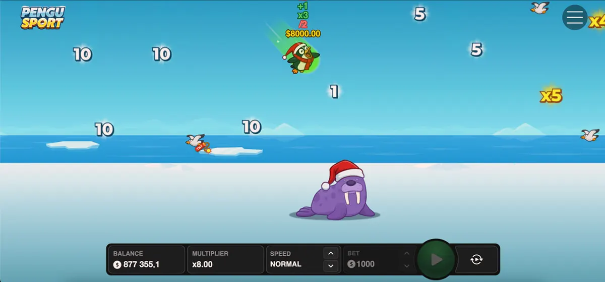 Screenshot of the Pengu Sport arcade game showing a penguin flying over an icy ocean with score numbers and multipliers on the sky, a walrus wearing a Santa hat on the ice, and a bottom control bar with balance, multiplier, speed, bet, and play buttons.